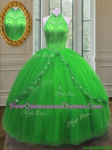 Beautiful Floor Length Lace Up 15th Birthday Dress Spring Green and In for Military Ball and Sweet 16 and Quinceanera withBeading and Appliques