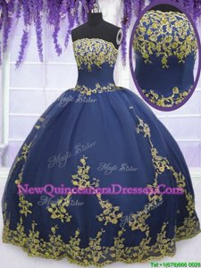 Glittering Tulle Strapless Sleeveless Zipper Appliques Quinceanera Gown inNavy Blue