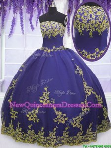 Fashionable Purple Tulle Zipper Strapless Sleeveless Floor Length Quinceanera Dresses Appliques