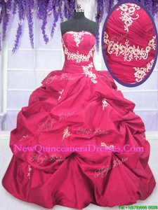 Discount Hot Pink Taffeta Lace Up Vestidos de Quinceanera Long Sleeves Asymmetrical Appliques and Pick Ups