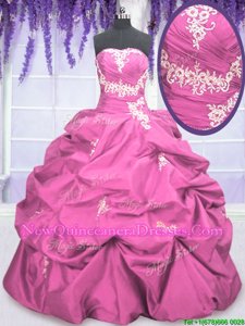 New Style Strapless Sleeveless Quinceanera Dress Floor Length Appliques and Pick Ups Rose Pink Taffeta