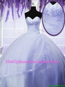 Affordable Sleeveless Tulle Floor Length Lace Up Vestidos de Quinceanera inPurple withAppliques
