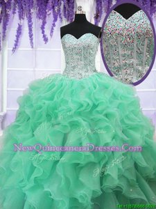 Exquisite Apple Green Ball Gowns Sweetheart Sleeveless Organza Floor Length Lace Up Ruffles and Sequins Sweet 16 Dress