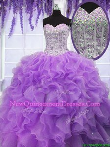 Vintage Sweetheart Sleeveless Sweet 16 Quinceanera Dress Floor Length Ruffles and Sequins Lavender Organza