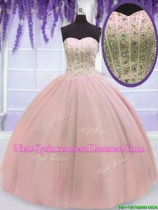 Floor Length Baby Pink Quince Ball Gowns Tulle Sleeveless Spring and Summer and Fall and Winter Beading