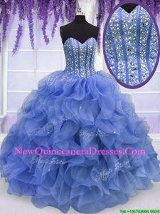 Best Selling Blue Sweetheart Neckline Beading and Ruffles Quinceanera Gown Sleeveless Lace Up
