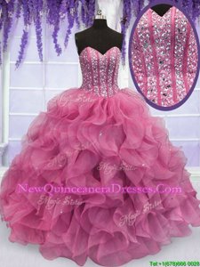 Fantastic Floor Length Ball Gowns Sleeveless Rose Pink Vestidos de Quinceanera Lace Up