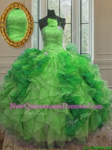 Extravagant Green Ball Gowns Strapless Sleeveless Organza Floor Length Lace Up Beading and Ruffles 15 Quinceanera Dress