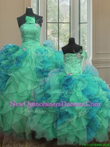 Shining Multi-color Lace Up Ball Gown Prom Dress Beading and Ruffles Sleeveless Floor Length