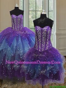 Fitting Three Piece Multi-color Ball Gowns Beading and Ruffles and Sequins Quinceanera Dress Lace Up Tulle Sleeveless Floor Length