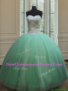 Sophisticated Tulle Sweetheart Sleeveless Lace Up Beading Quinceanera Gowns inApple Green