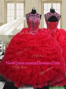 Red Ball Gowns Scoop Sleeveless Organza Floor Length Lace Up Beading and Pick Ups Sweet 16 Quinceanera Dress