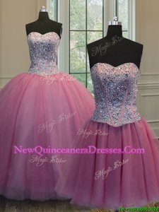 Smart Three Piece Sleeveless Floor Length Beading Lace Up Vestidos de Quinceanera with Rose Pink