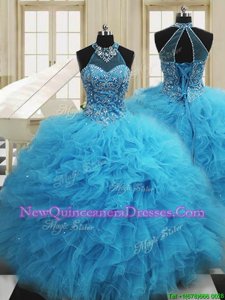 Spectacular Scoop Sleeveless Lace Up Quinceanera Dress Baby Blue Tulle