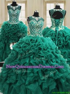 Wonderful Four Piece Scoop Sleeveless Floor Length Beading and Ruffles Lace Up Sweet 16 Quinceanera Dress with Dark Green