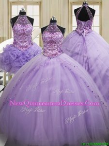 Dynamic Three Piece Halter Top Lavender Quince Ball Gowns Tulle Brush Train Sleeveless Spring and Summer and Fall and Winter Sequins