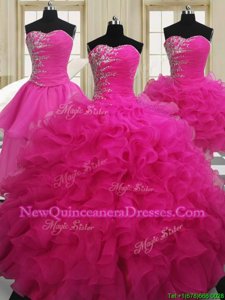 Traditional Four Piece Ball Gowns 15th Birthday Dress Hot Pink Sweetheart Organza Sleeveless Floor Length Zipper