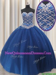 New Style Navy Blue Tulle Lace Up 15th Birthday Dress Sleeveless Floor Length Beading and Sequins