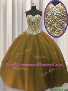 Brown Ball Gowns Sweetheart Sleeveless Tulle Floor Length Lace Up Beading Vestidos de Quinceanera