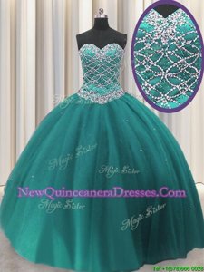 Charming Sequins Sweetheart Sleeveless Lace Up Quinceanera Dress Teal Tulle