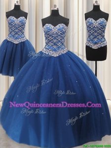 Latest Three Piece Sequins Floor Length Ball Gowns Sleeveless Blue Quinceanera Dresses Lace Up