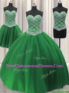 Beautiful Three Piece Floor Length Lace Up 15th Birthday Dress Green and In for Military Ball and Sweet 16 and Quinceanera withBeading and Sequins