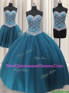 Fabulous Three Piece Teal Sleeveless Floor Length Beading and Ruffles Lace Up Quince Ball Gowns