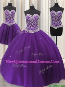 Three Piece Eggplant Purple Sleeveless Floor Length Beading and Sequins Lace Up Sweet 16 Quinceanera Dress