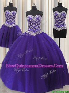 Fancy Three Piece Floor Length Purple Quinceanera Gown Tulle Sleeveless Spring and Summer and Fall and Winter Beading and Sequins