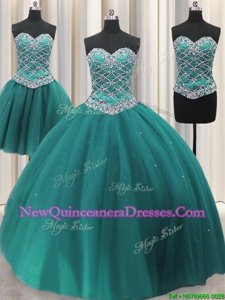 Three Piece Teal Sweet 16 Dresses Military Ball and Sweet 16 and Quinceanera and For withBeading and Sequins Sweetheart Sleeveless Lace Up