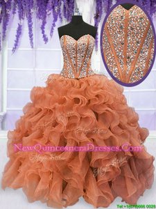 New Style Rust Red Sleeveless Organza Lace Up Quinceanera Dress for Military Ball and Sweet 16 and Quinceanera