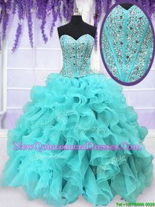 Delicate Aqua Blue Ball Gowns Sweetheart Sleeveless Organza Floor Length Lace Up Beading and Ruffles Sweet 16 Dresses