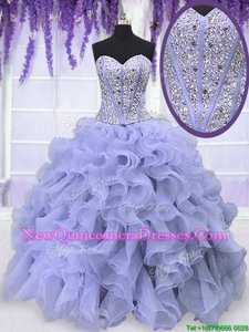 Pretty Beading and Ruffles Quinceanera Dress Lavender Lace Up Sleeveless Floor Length