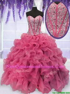 Classical Pink Lace Up Quinceanera Dresses Beading and Ruffles Sleeveless Floor Length