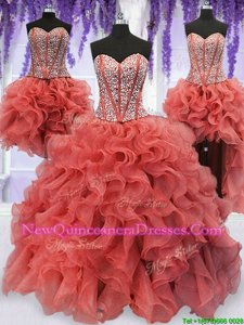 Extravagant Four Piece Ball Gowns 15th Birthday Dress Coral Red Sweetheart Organza Sleeveless Floor Length Lace Up