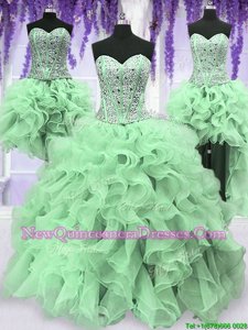 Four Piece Apple Green Sweetheart Lace Up Beading and Ruffles Ball Gown Prom Dress Sleeveless