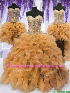 Suitable Four Piece Sleeveless Organza Floor Length Lace Up Sweet 16 Quinceanera Dress inGold withBeading and Ruffles