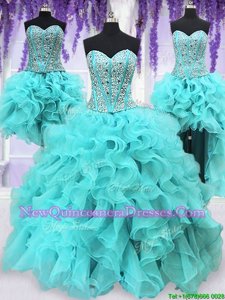 Top Selling Four Piece Organza Sweetheart Sleeveless Lace Up Ruffles and Sequins Quince Ball Gowns inAqua Blue