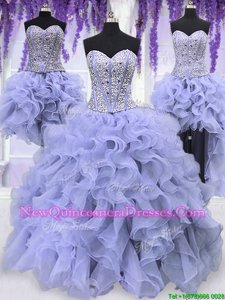 Discount Four Piece Lavender Organza Lace Up 15th Birthday Dress Sleeveless Floor Length Ruffles and Sequins
