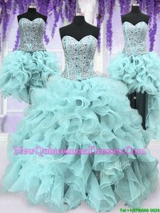 Elegant Four Piece Light Blue Sleeveless Floor Length Ruffles and Sequins Lace Up Quinceanera Gowns