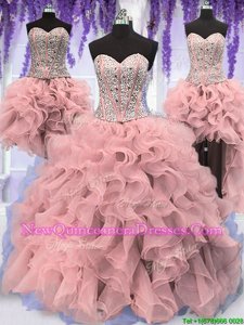 Sumptuous Four Piece Sequins Floor Length Pink Ball Gown Prom Dress Sweetheart Sleeveless Lace Up