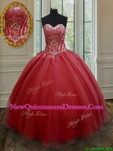Adorable Red Sleeveless Floor Length Beading Lace Up Quinceanera Dress