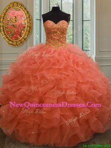Superior Floor Length Watermelon Red Quinceanera Gown Organza Sleeveless Spring and Summer and Fall and Winter Beading and Ruffles