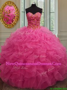 Hot Pink Lace Up Sweetheart Beading and Ruffles 15 Quinceanera Dress Organza Sleeveless