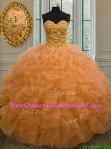 Romantic Orange Sleeveless Beading and Ruffles Floor Length Vestidos de Quinceanera