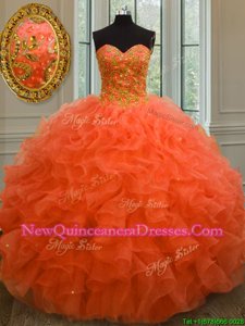 Graceful Orange Red Sleeveless Organza Lace Up Sweet 16 Quinceanera Dress for Military Ball and Sweet 16 and Quinceanera