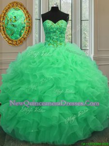 Amazing Green Sleeveless Floor Length Beading and Ruffles Lace Up 15 Quinceanera Dress