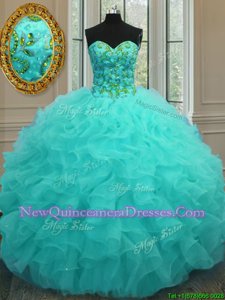 Glorious Aqua Blue Quinceanera Gown Military Ball and Sweet 16 and Quinceanera and For withBeading and Ruffles Sweetheart Sleeveless Lace Up