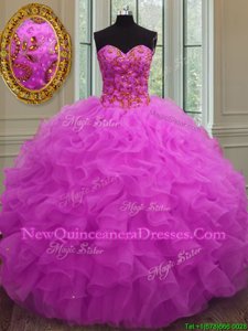 Glamorous Fuchsia Lace Up Sweetheart Beading and Ruffles Quinceanera Gowns Organza Sleeveless
