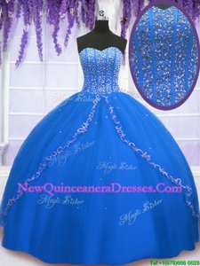 Designer Sequins Floor Length Royal Blue Quince Ball Gowns Sweetheart Sleeveless Lace Up